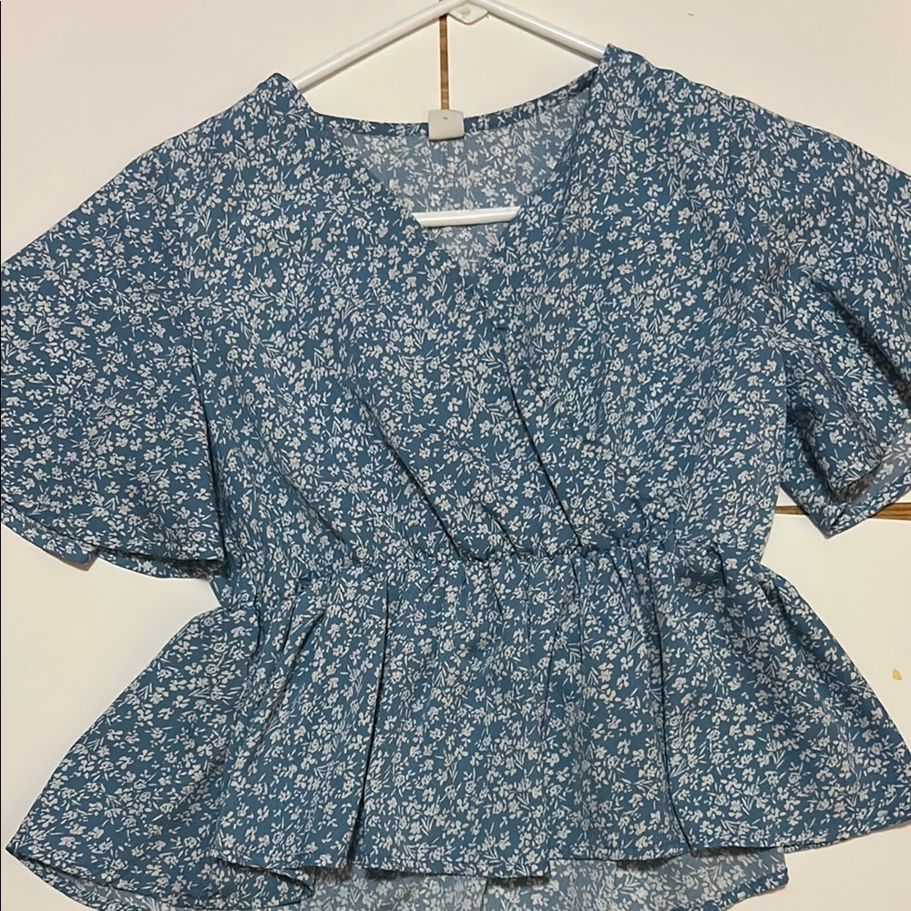 SHEIN Blue Peplum Wrap Blouse